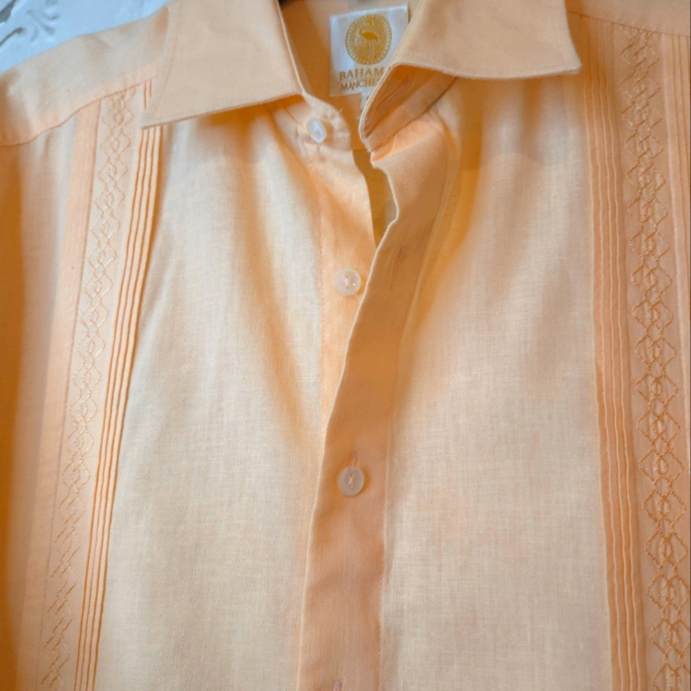 Bahamas Manchester Men's Authentic Guayabera Salmon Long Sleeve Shirt - Size L - Picture 4 of 16